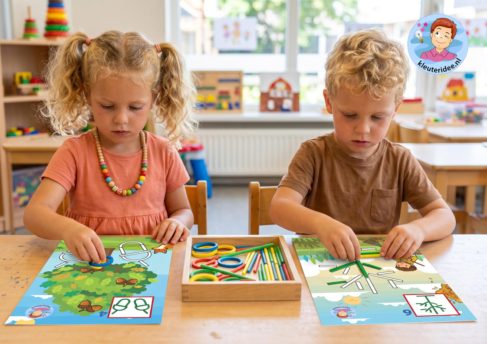 Ringen en stokjes op voorbeeldkaarten kleuteridee